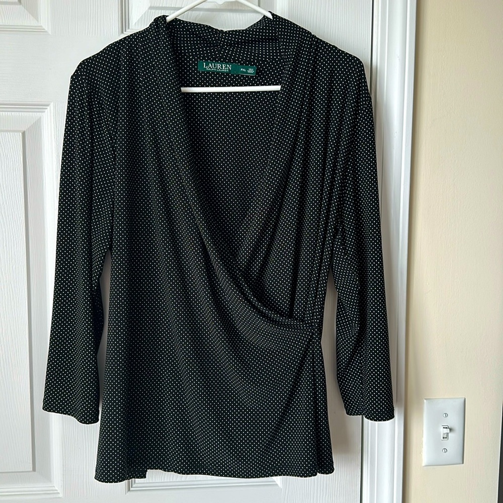 Lauren by Ralph Lauren cross over black/white pin dot top